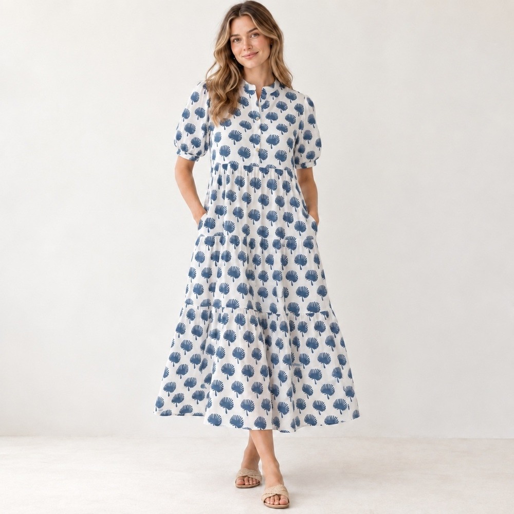 BECASA Women's Tiered Midi Dress XS/S Blue White Lightweight Cotton Coastal